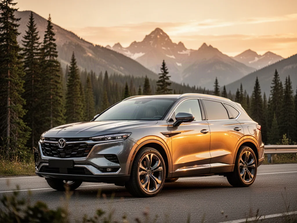 Nowoczesny SUV Tiggo 9 zaparkowany na malowniczej górskiej drodze w świetle zachodzącego słońca.