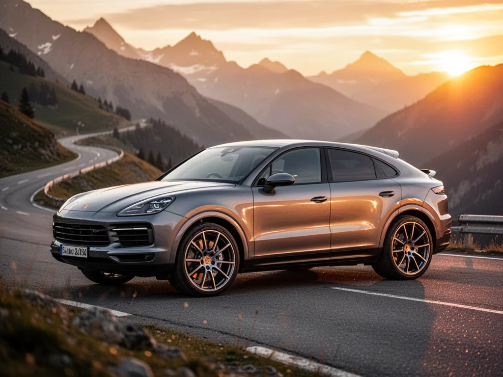 Porsche Cayenne Coupe zaparkowane na krętej górskiej drodze w blasku zachodzącego słońca.