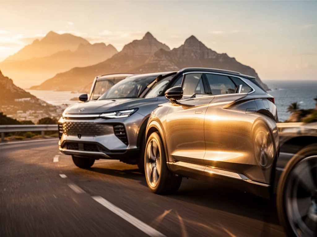 Nowoczesny SUV Chery Tiggo 4 jadący malowniczą nadmorską drogą w świetle zachodzącego słońca.