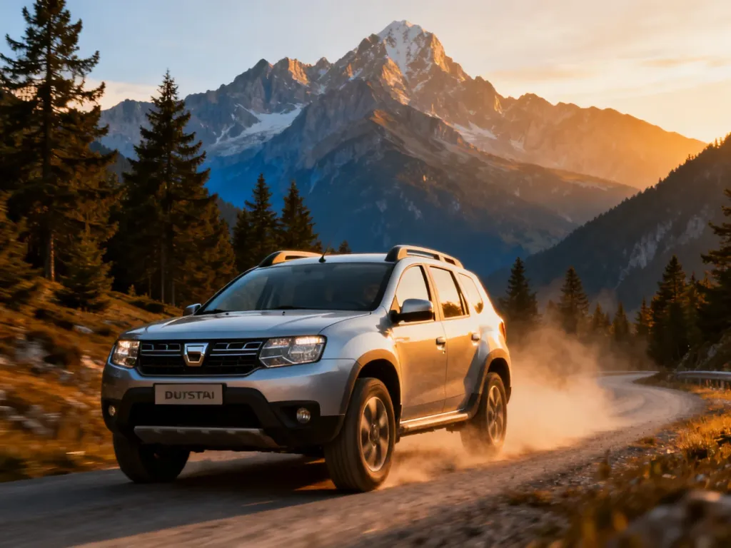 Srebrna Dacia Duster jadąca górską drogą w świetle zachodzącego słońca na tle alpejskich szczytów.