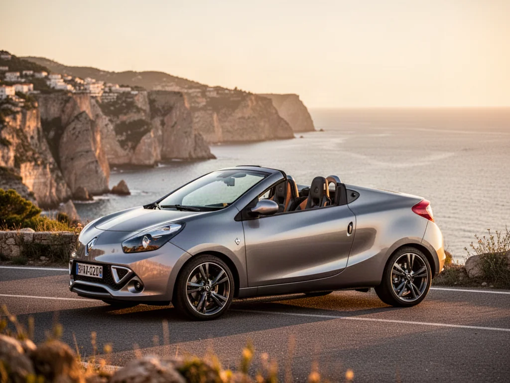 Sportowy kabriolet Renault Wind zaparkowany na malowniczej nadmorskiej drodze w świetle zachodzącego słońca.