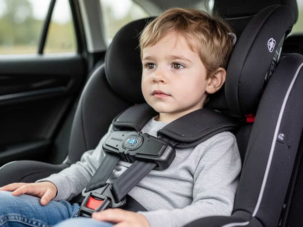 Dziecko siedzące w foteliku samochodowym z poprawnie zapiętym pasem bezpieczeństwa przy użyciu Smart Kid Belt.