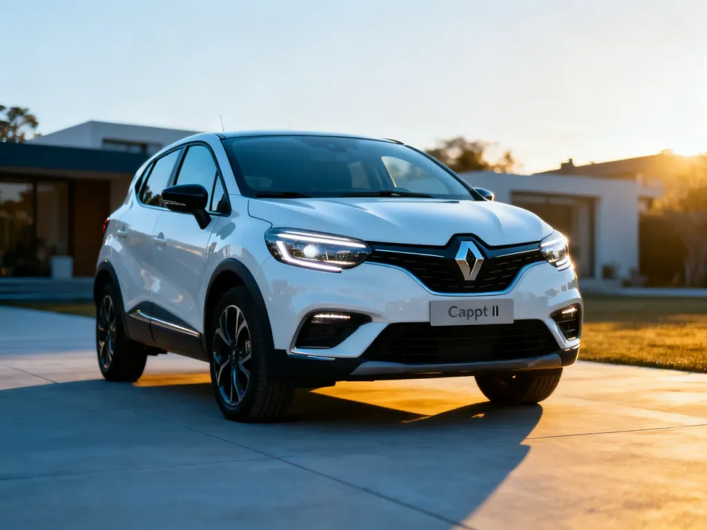 Biały Renault Captur II zaparkowany na nowoczesnym podjeździe, prezentujący dynamiczny design przedniego pasa.