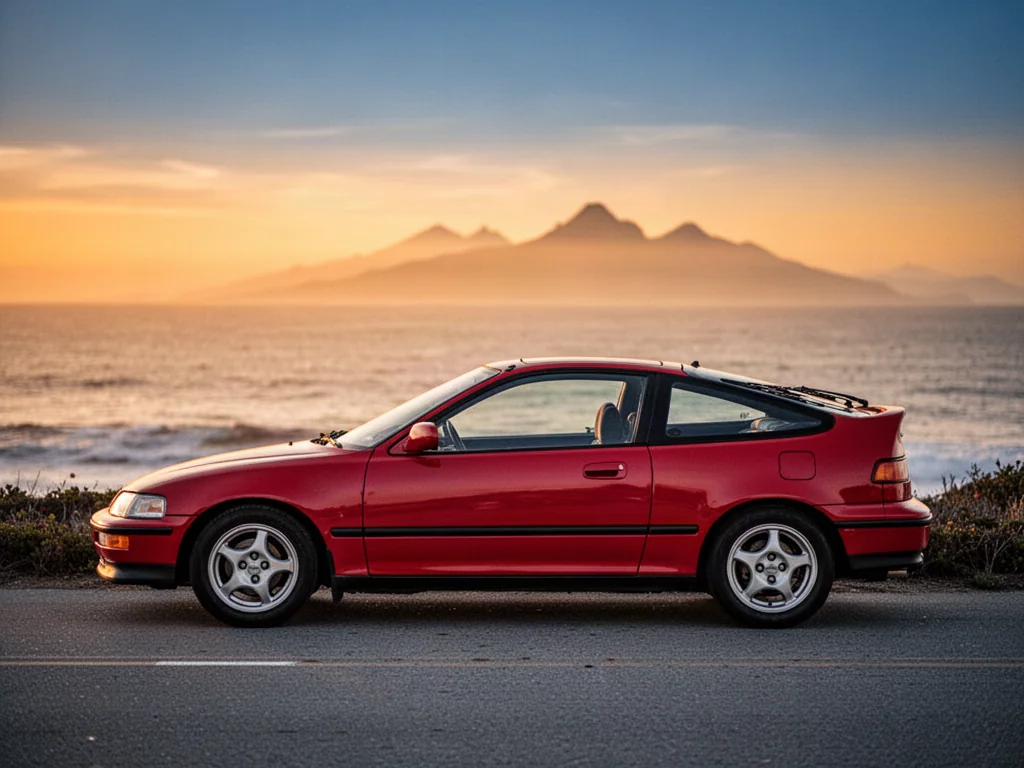 Klasyczna Honda CRX zaparkowana na nadmorskiej drodze podczas zachodu słońca, podkreślająca jej sportową sylwetkę.