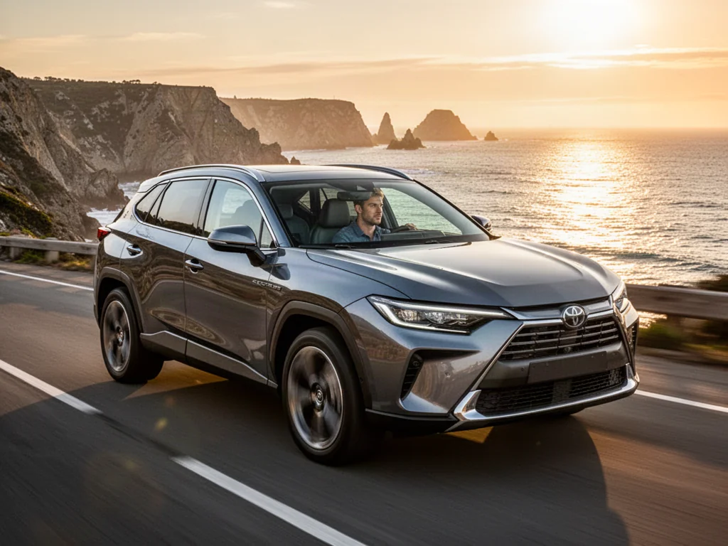 Nowoczesny szary SUV marki Volkswagen jadący nadmorską drogą podczas zachodu słońca.