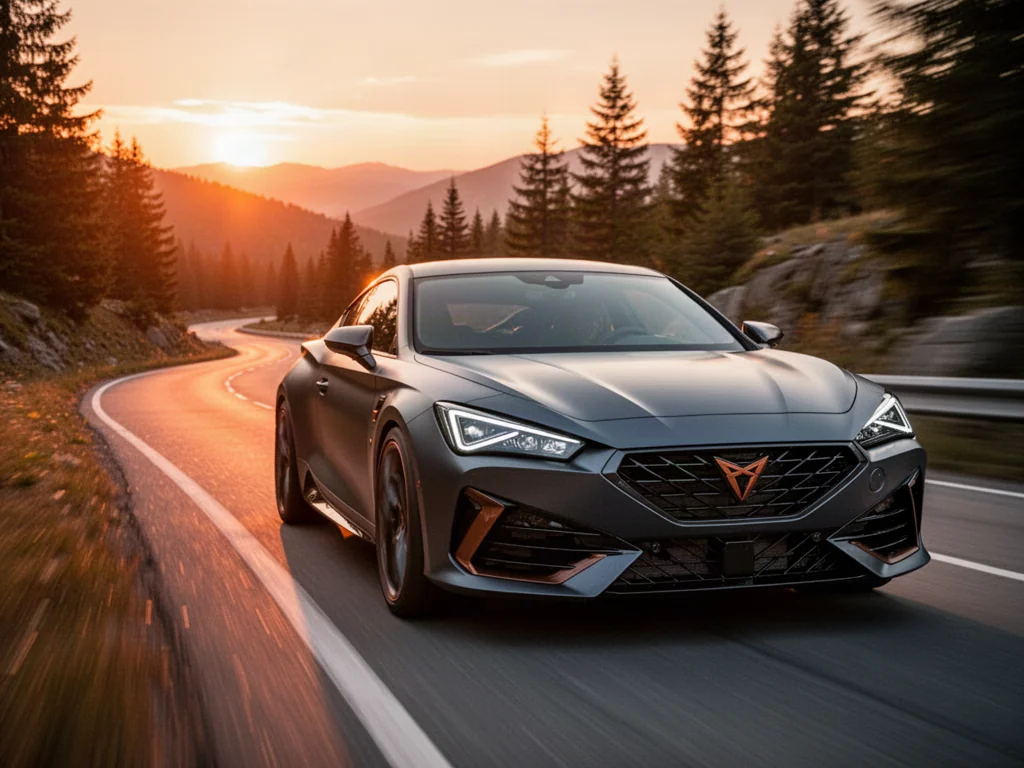 Nowoczesna Cupra VZ pędząca krętą górską drogą w blasku zachodzącego słońca. Sportowy design auta w dynamicznym ujęciu.