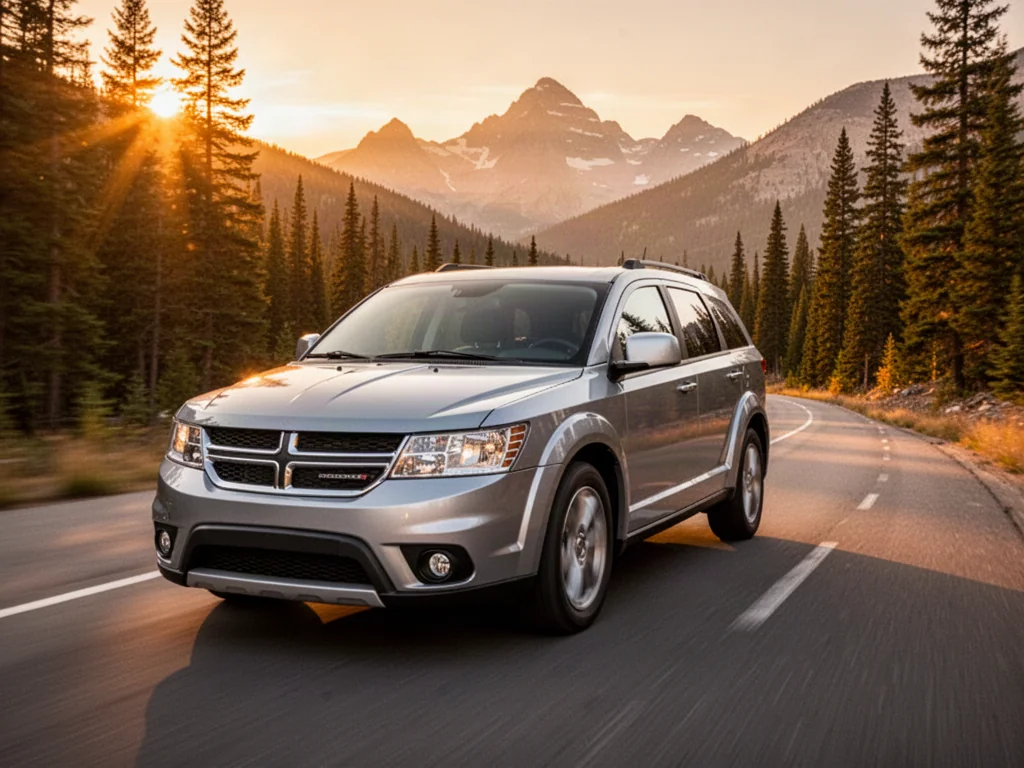Srebrny Dodge Journey jadący asfaltową drogą wśród górskich krajobrazów w świetle zachodzącego słońca.