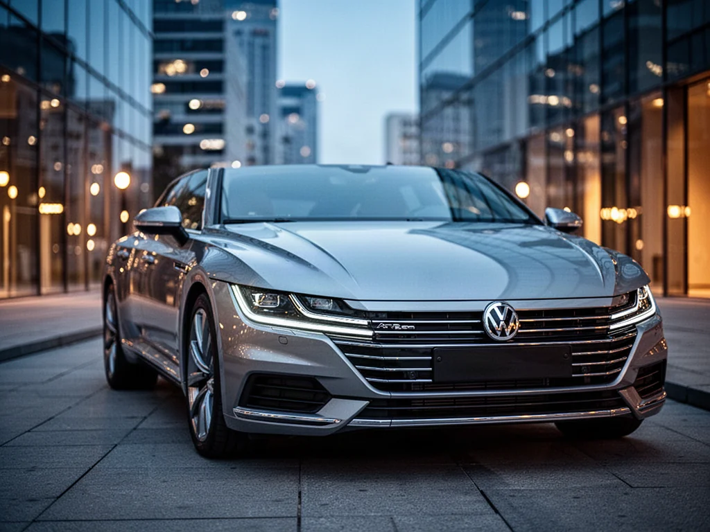 Srebrny Volkswagen Arteon Shooting Brake zaparkowany na nowoczesnej ulicy o zmierzchu.