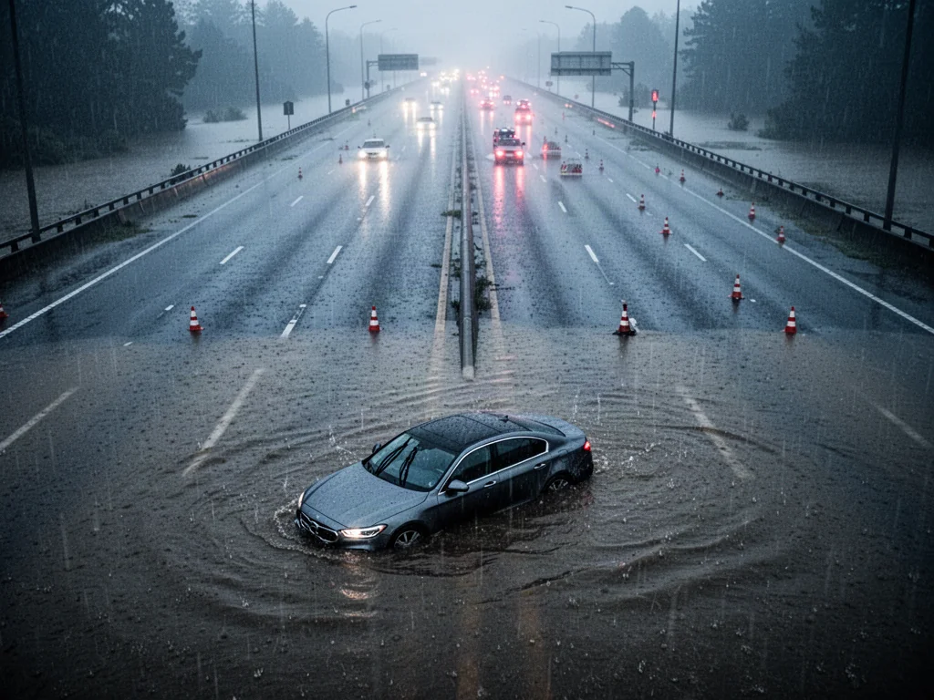 Zalana autostrada A4 z unieruchomionym samochodem w głębokiej wodzie podczas ulewnego deszczu.
