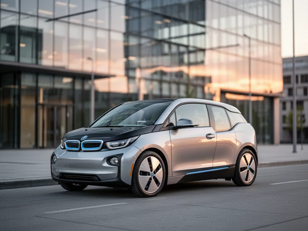 Nowoczesny, elektryczny BMW i3 zaparkowany na tle przeszklonego biurowca w świetle zachodzącego słońca.