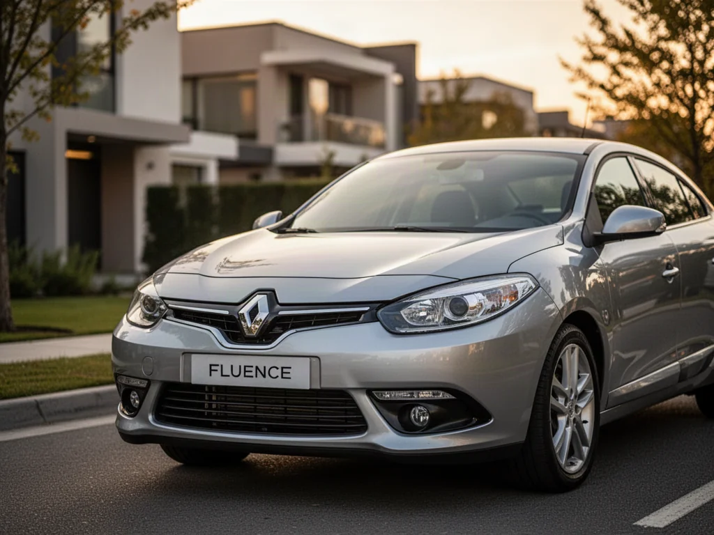 Srebrny Renault Fluence zaparkowany na nowoczesnym osiedlu podczas złotej godziny, ukazujący detale przedniego pasa auta.