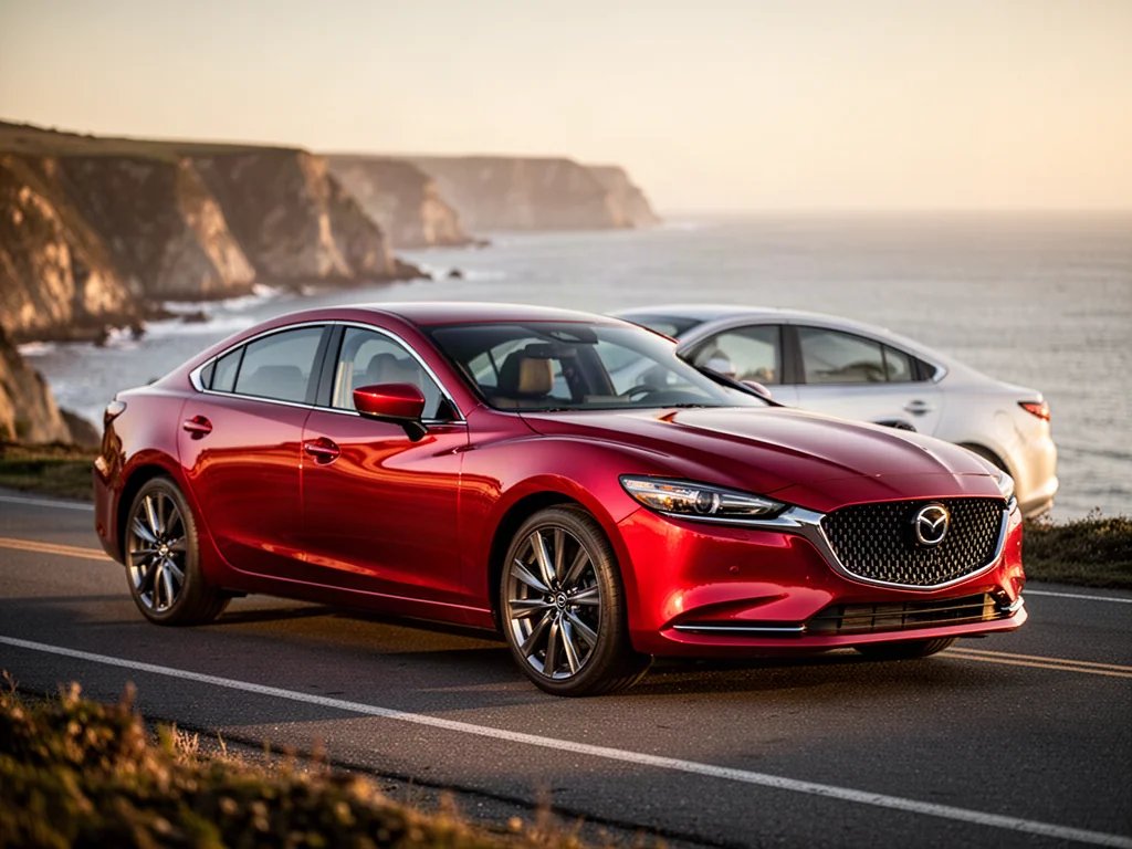 Nowoczesna Mazda 6 w kolorze czerwieni metalik zaparkowana na tle malowniczego wybrzeża podczas złotej godziny.