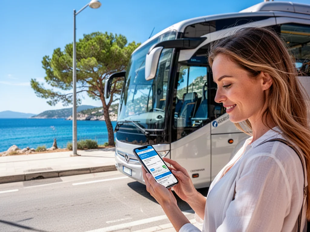 Pasażerka sprawdza bilet w telefonie na tle nowoczesnego autobusu turystycznego przy nadmorskim terminalu.