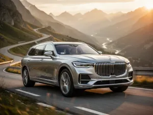 Ciemnoniebieskie Maserati Ghibli zaparkowane na nowoczesnym podjeździe w świetle zachodzącego słońca.