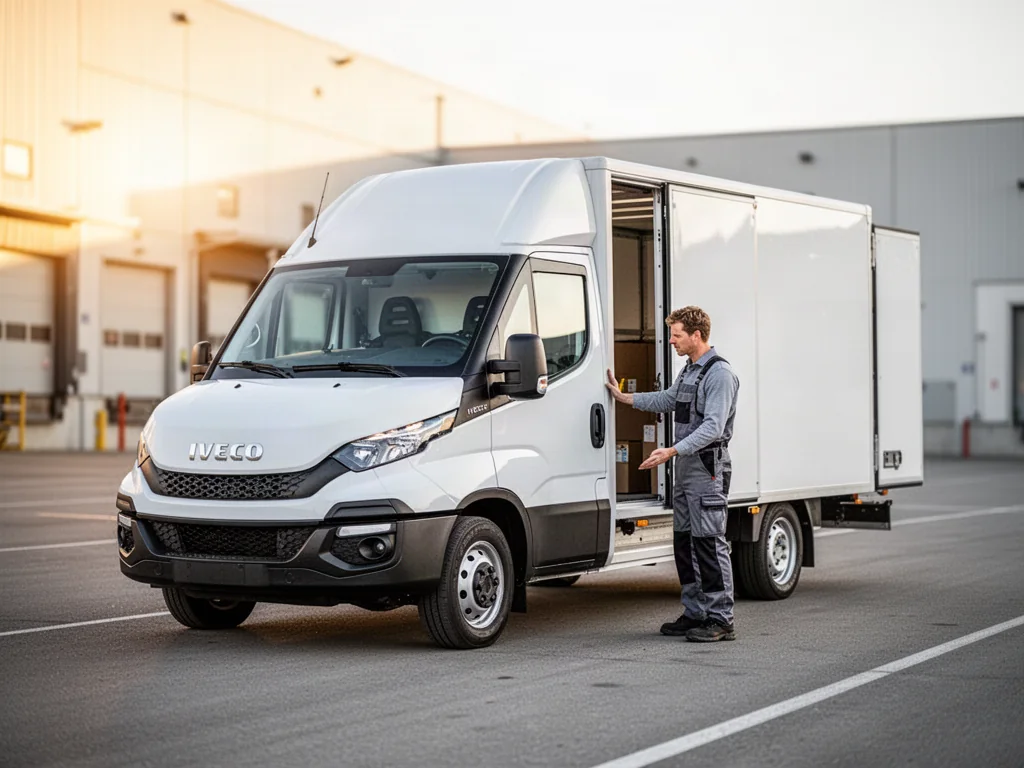 Pracownik sprawdza przestrzeń ładunkową nowoczesnego białego samochodu dostawczego Iveco Daily na terenie bazy logistycznej.