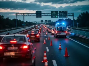 Nowoczesna autostrada A4 biegnąca przez zielony krajobraz o zachodzie słońca z widocznymi smugami świateł przejeżdżających aut.