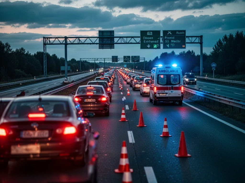 Widok z góry na autostradę o zmierzchu z zatorami, światłami służb ratunkowych i zablokowanym ruchem po wypadku.