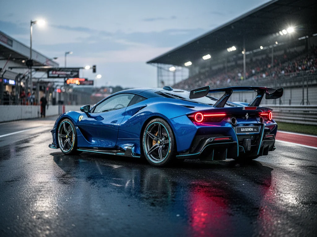 Niebieski Lamborghini Huracan STO z agresywnym tylnym spojlerem zaparkowany na mokrym torze wyścigowym o zmierzchu.