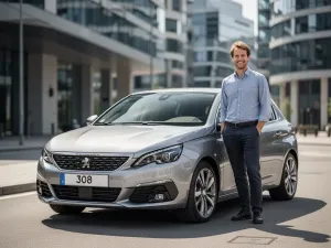 Srebrny Jaguar XE zaparkowany na nowoczesnym podjeździe o zmierzchu, z włączonymi reflektorami.