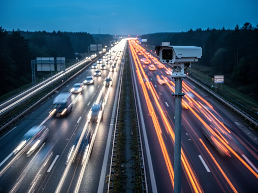 Kamera systemu odcinkowego pomiaru prędkości nad autostradą o zmierzchu z widocznymi smugami świateł przejeżdżających aut.