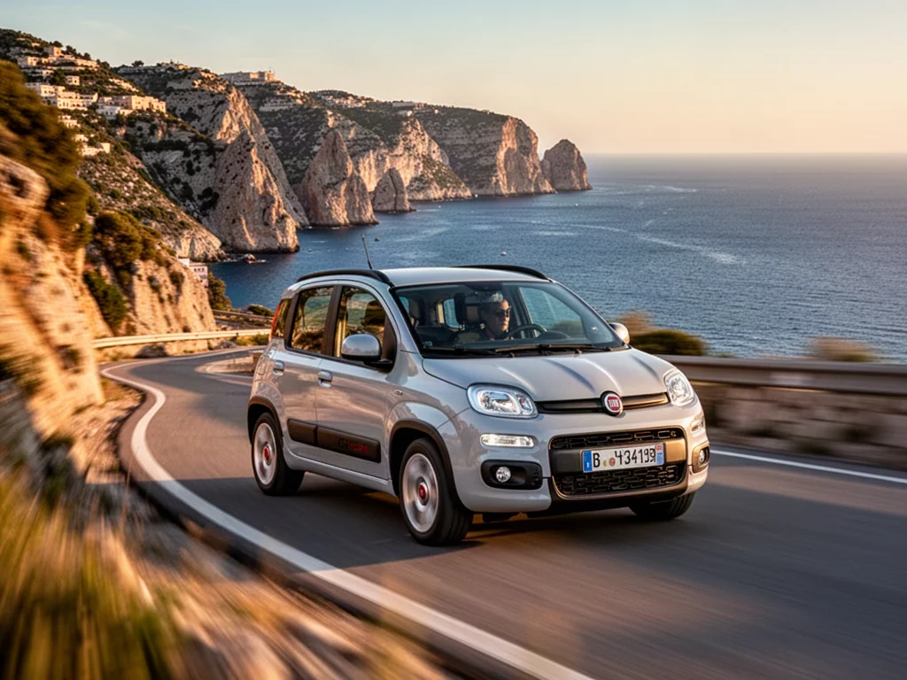 Nowoczesny Fiat Panda jadący malowniczą nadmorską drogą w blasku zachodzącego słońca.