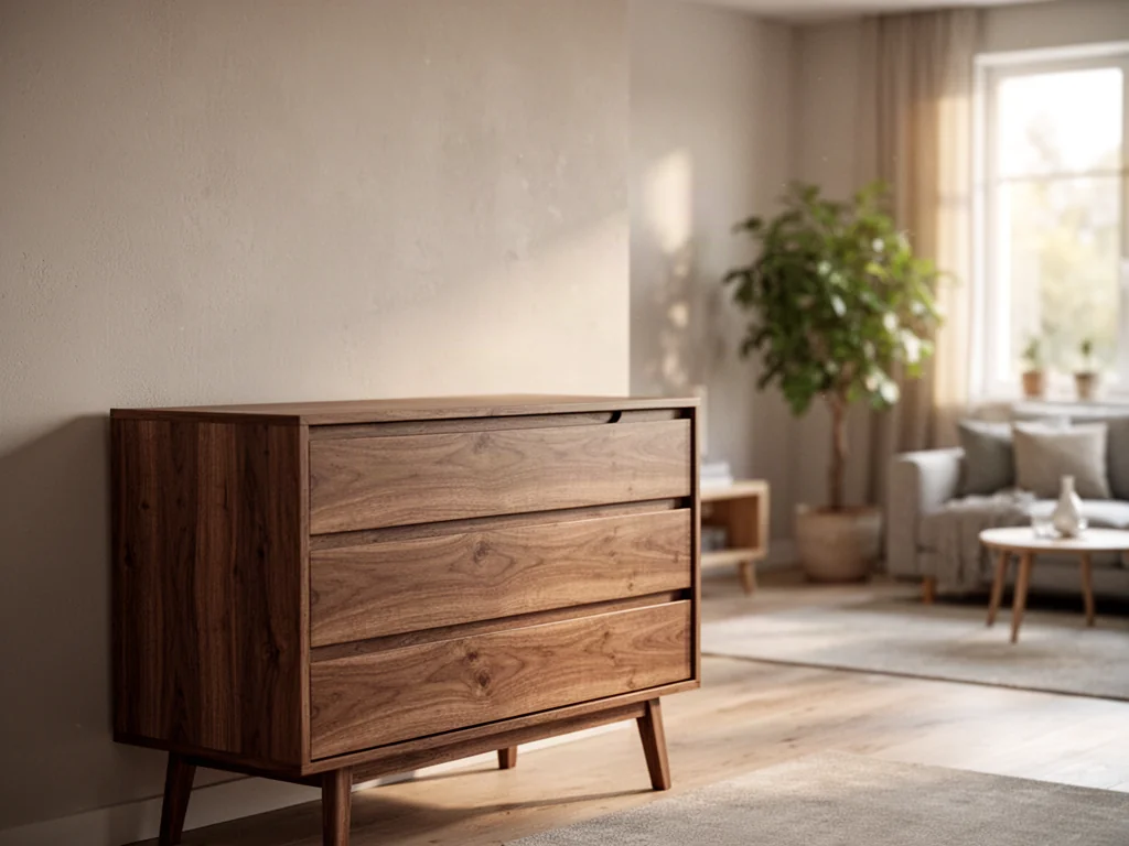 Nowoczesna drewniana komoda w minimalistycznym salonie w stylu skandynawskim, oświetlona ciepłym, naturalnym światłem.