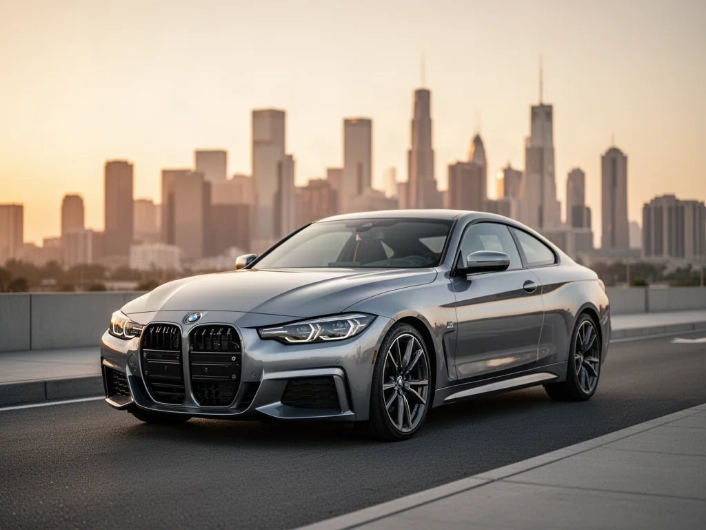 Srebrne BMW 430i zaparkowane na tle nowoczesnego miasta w świetle zachodzącego słońca.