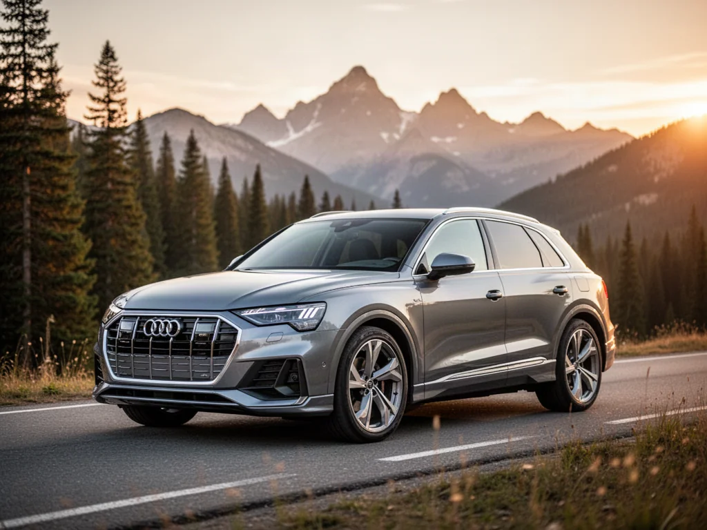 Srebrny SUV marki Audi zaparkowany na malowniczej górskiej drodze podczas zachodu słońca.