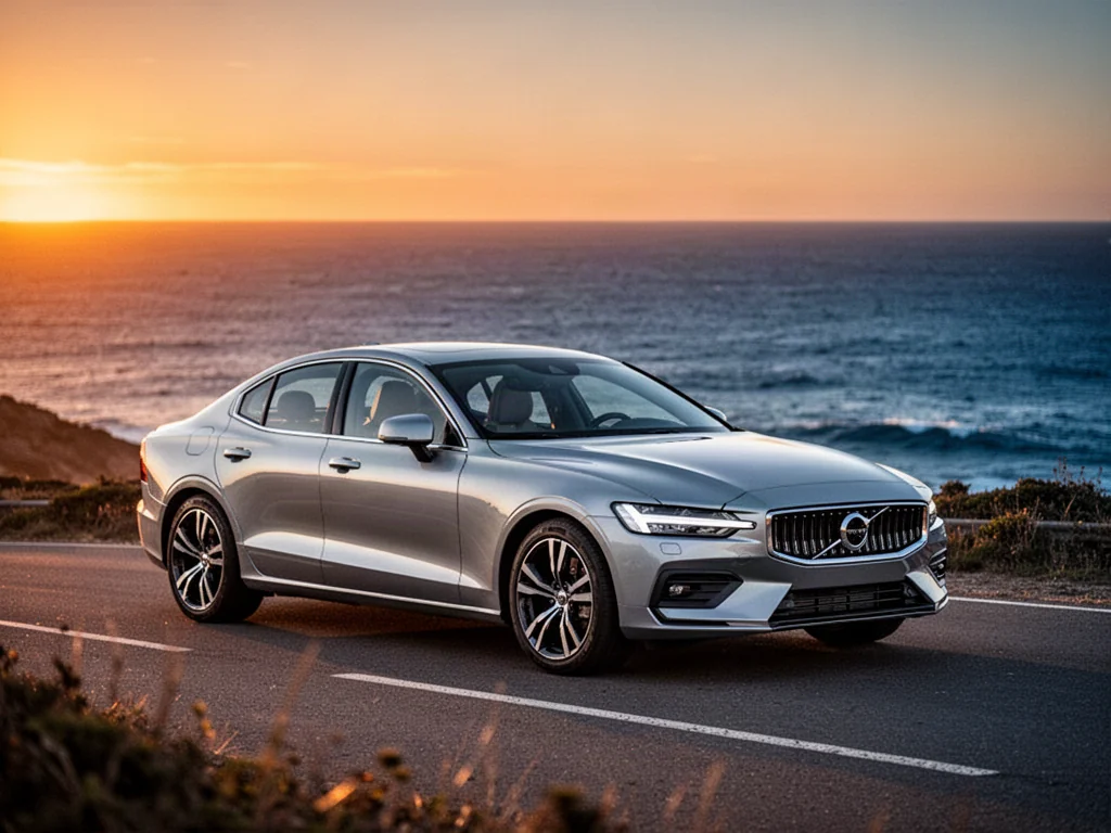 Srebrne Volvo S60 T5 zaparkowane na malowniczej nadmorskiej drodze podczas zachodu słońca, podkreślające elegancki design auta.