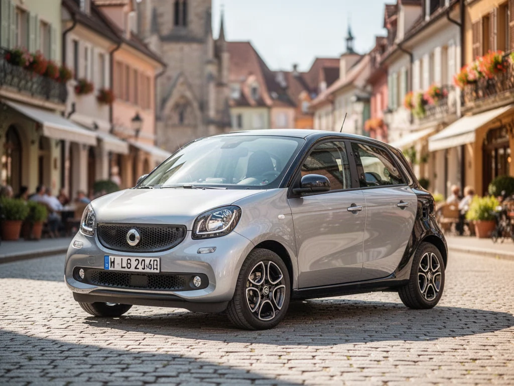 Nowoczesny Smart Forfour zaparkowany na brukowanej uliczce w europejskim miasteczku.