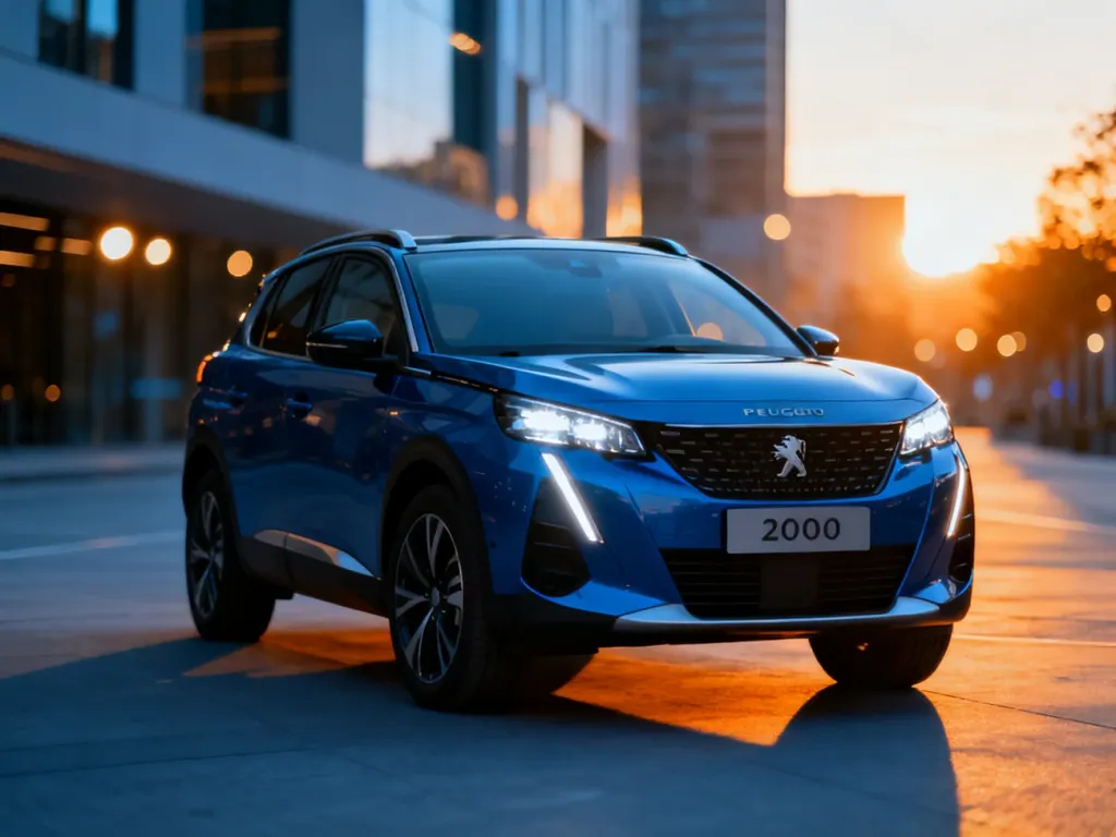 Nowoczesny Peugeot 2008 zaparkowany na miejskiej ulicy w świetle zachodzącego słońca, podkreślającym jego dynamiczny design.