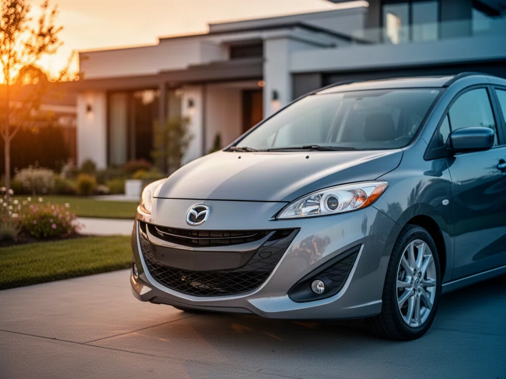Srebrna Mazda 5 zaparkowana na podjeździe nowoczesnego domu w świetle zachodzącego słońca.