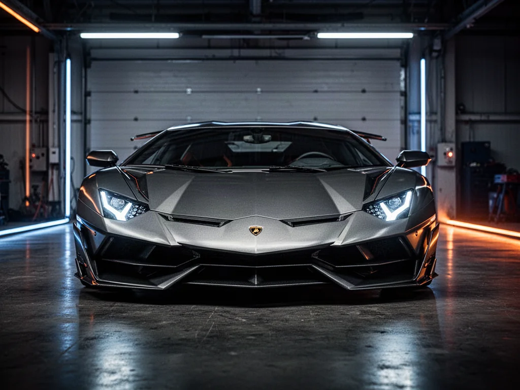 Lamborghini Temerario w agresywnej stylistyce, zaparkowane w nowoczesnym studiu z nastrojowym oświetleniem.
