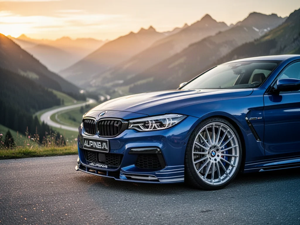 Niebieskie BMW Alpina zaparkowane na malowniczej górskiej drodze podczas zachodu słońca.