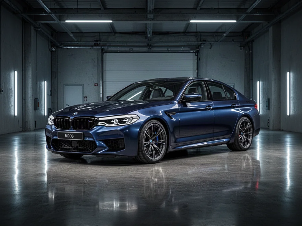 Nowoczesne BMW M5 w kolorze ciemnego metalicznego błękitu zaparkowane w minimalistycznym, industrialnym garażu.
