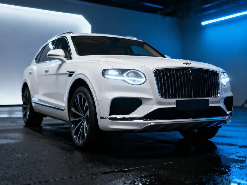 Biały SUV BMW X3 G45 zaparkowany w nowoczesnym studiu z wyeksponowanymi reflektorami LED i profesjonalnym oświetleniem.
