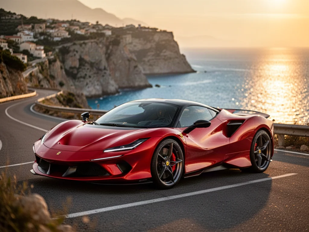 Czerwone Ferrari F80 zaparkowane na krętej nadmorskiej drodze podczas zachodu słońca.