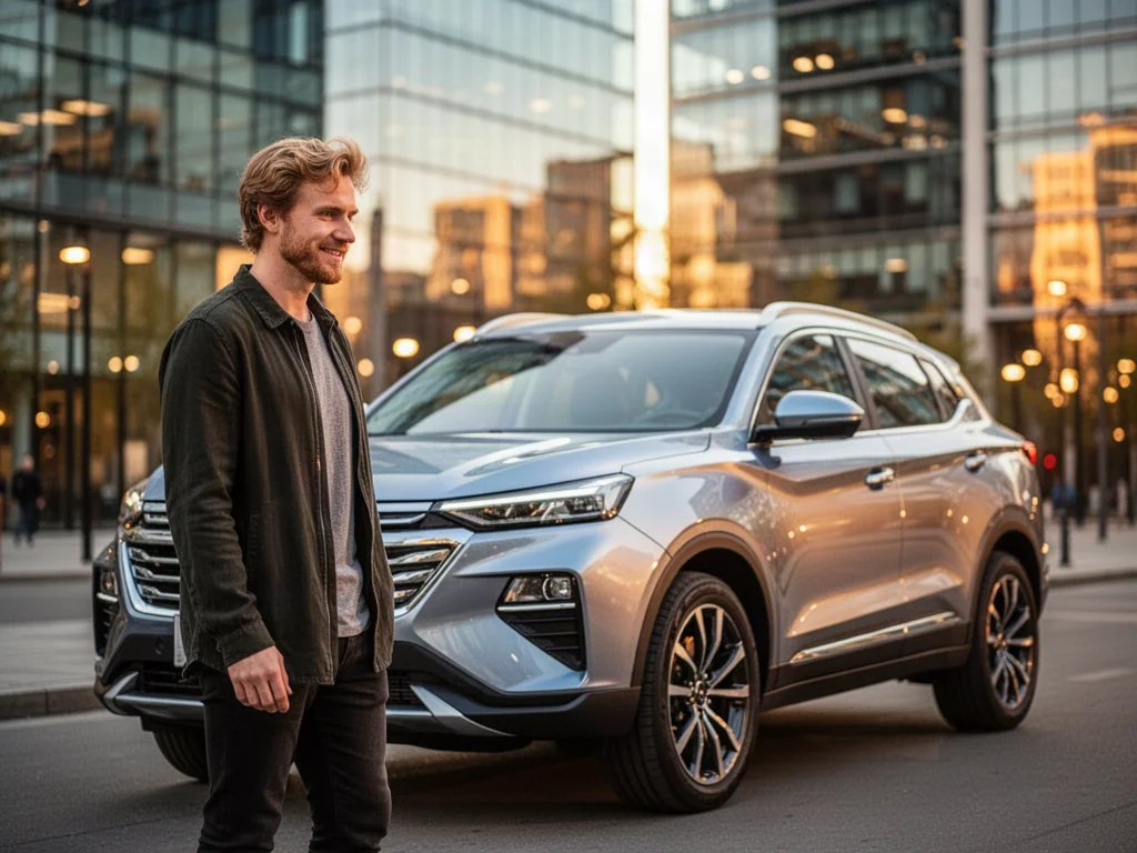 Nowoczesny SUV Omoda 5 zaparkowany na tle miejskiej architektury w świetle zachodzącego słońca, obok którego stoi zadowolony kierowca.
