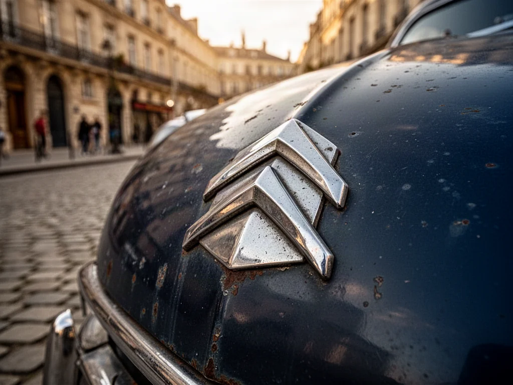 Metalowe logo Citroëna na masce zabytkowego, granatowego samochodu na tle klimatycznej francuskiej uliczki.