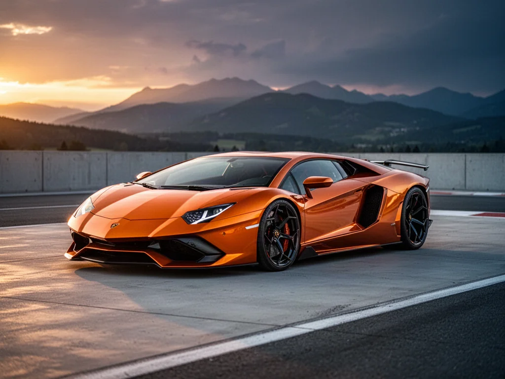 Pomarańczowe Lamborghini Fenomeno o futurystycznym designie zaparkowane na torze wyścigowym w świetle zachodzącego słońca.