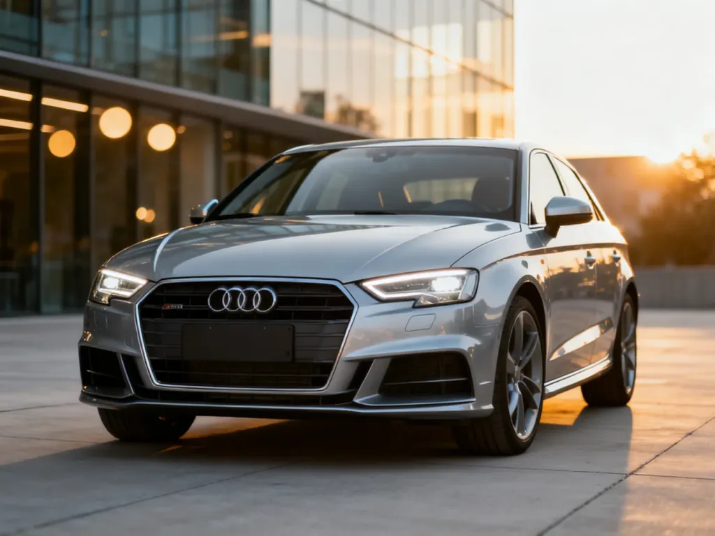 Srebrne Audi A3 zaparkowane na nowoczesnym podjeździe w świetle zachodzącego słońca, podkreślającym detale przedniego pasa.