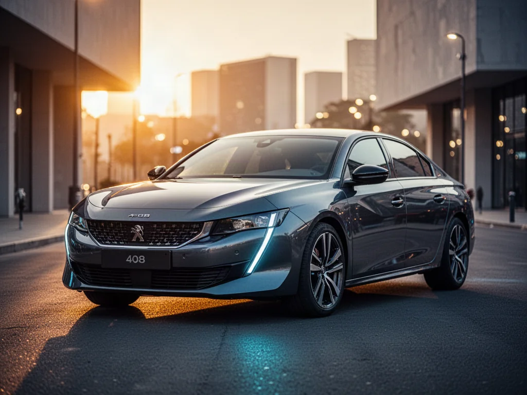 Nowoczesny Peugeot 408 zaparkowany na miejskiej ulicy w świetle zachodzącego słońca, podkreślającym jego dynamiczną sylwetkę.