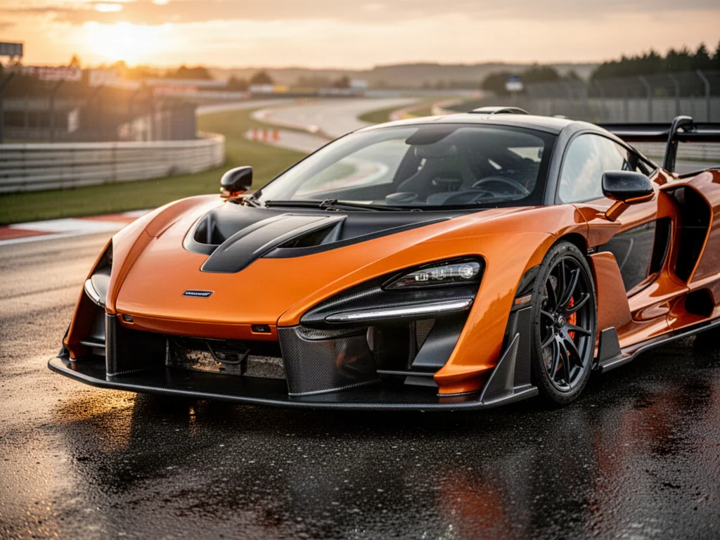 Pomarańczowy McLaren Senna na mokrym torze wyścigowym w świetle zachodzącego słońca, eksponujący detale z włókna węglowego.