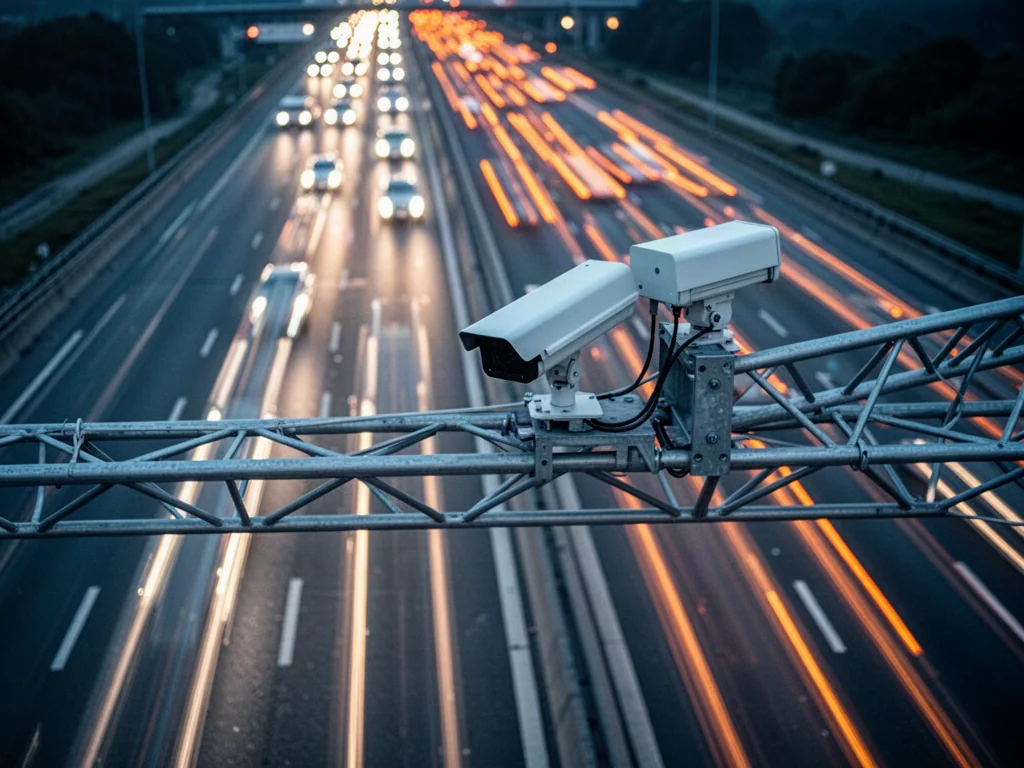 Nowoczesna kamera systemu odcinkowego pomiaru prędkości zamontowana nad autostradą o zmierzchu.