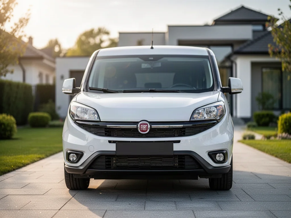 Nowoczesny biały Fiat Doblo zaparkowany na podjeździe przed domem, ukazujący detale przedniego pasa pojazdu.
