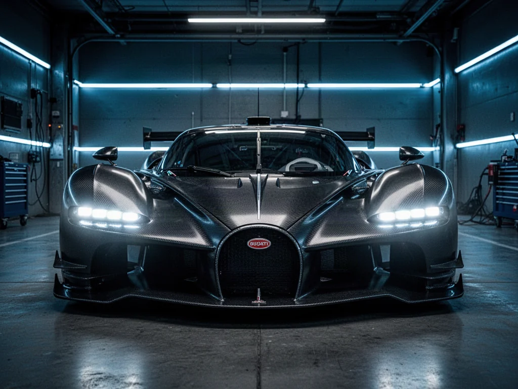 Bugatti Bolide o aerodynamicznej sylwetce w nowoczesnym garażu, z wyeksponowanymi, świecącymi reflektorami.