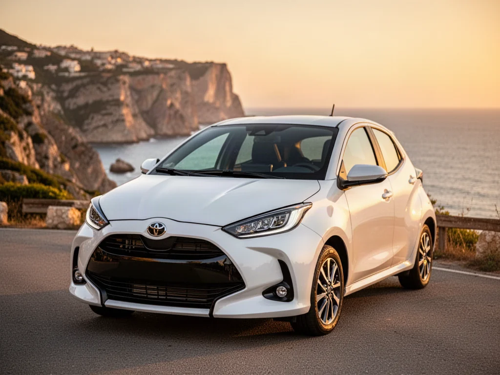 Biała Toyota Yaris zaparkowana na nadmorskiej drodze podczas zachodu słońca, podkreślająca nowoczesny design samochodu.