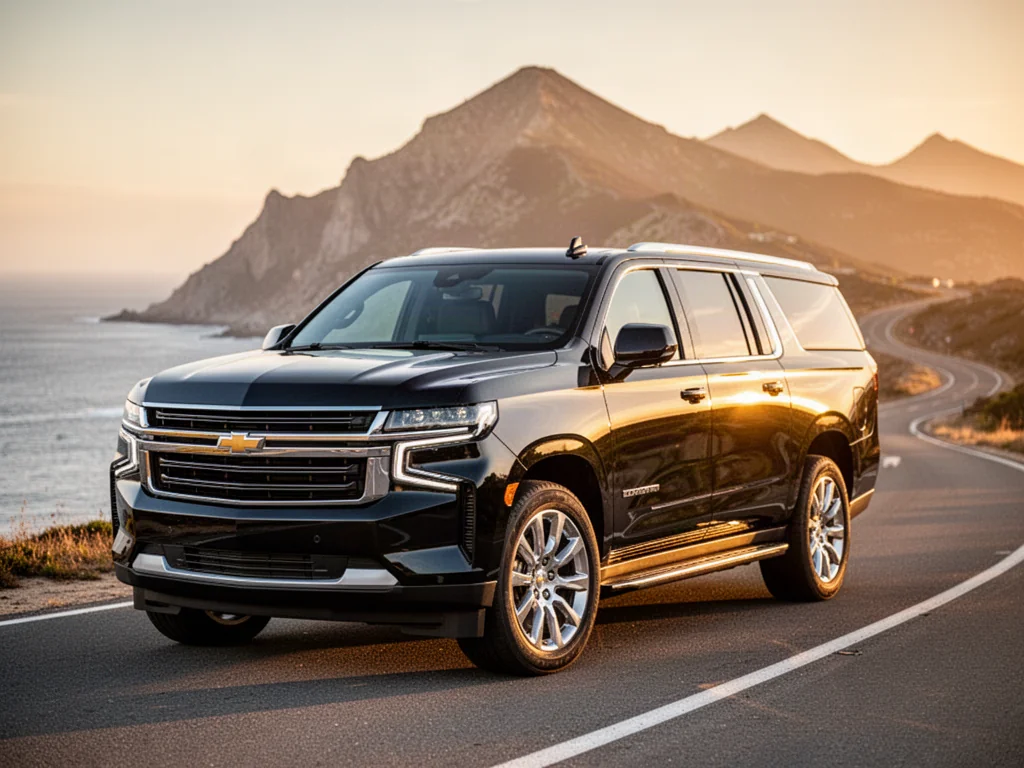 Czarny Chevrolet Suburban zaparkowany na malowniczej nadmorskiej drodze podczas zachodu słońca.
