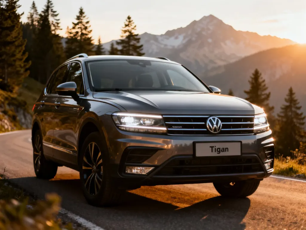 Nowoczesny Volkswagen Tiguan zaparkowany na malowniczej górskiej drodze w świetle zachodzącego słońca.