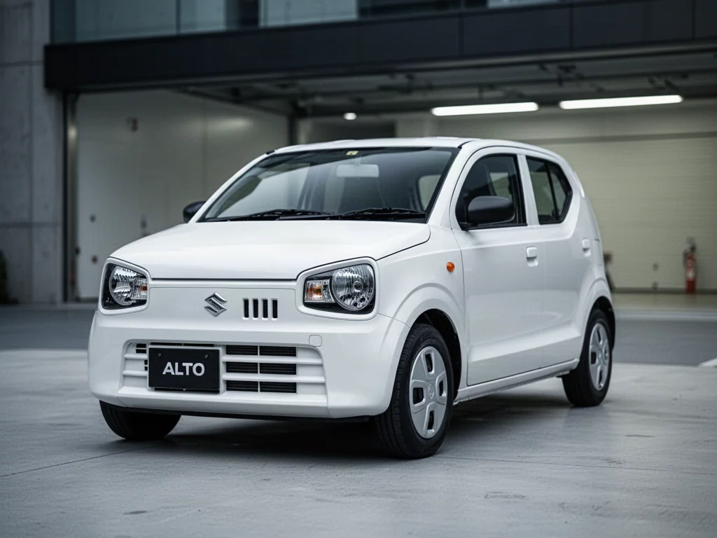 Biały Suzuki Alto zaparkowany w nowoczesnym garażu, ukazujący szczegóły przedniego pasa i reflektorów samochodu.